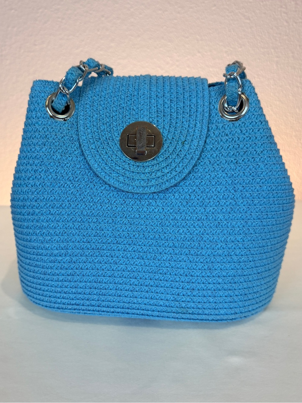 Vintage Y2K Bright Blue Crochet Bucket Bag Woven Chain Strap